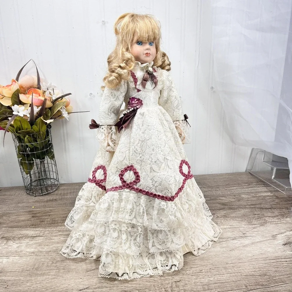 Vintage Porcelain‎ Doll, Painted Face Collectible Doll in Lace Dress